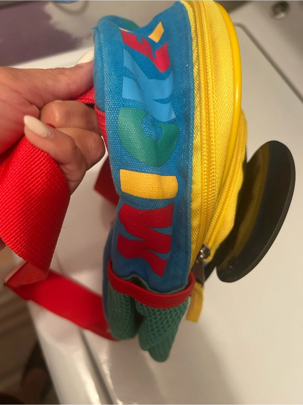 Disney Red Mickey Mouse Kids Backpack with Teal Pockets and Yellow Trim